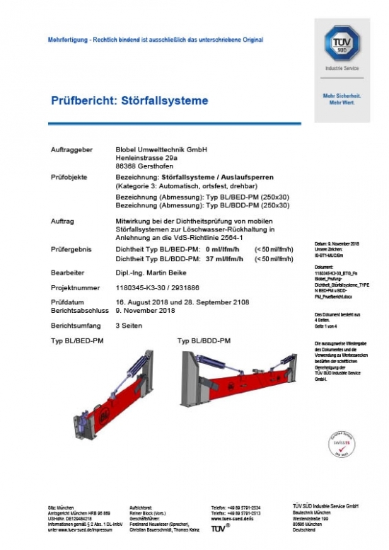 Aktuelle TÜV-Zertifikate für BLOBEL Störfallbarrieren